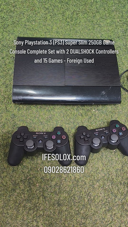 Sony Playstation 3 (PS3) Super Slim 250GB Game Console Complete Set with 2 DUALSHOCK Controllers and 15 Games - Foreign Used