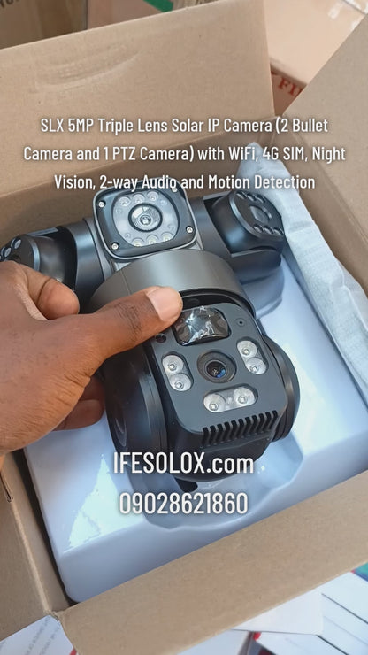 SLX 5MP Triple Lens Solar IP Camera (2 Bullet Camera and 1 PTZ Camera) with WiFi, 4G SIM, Night Vision, 2-way Audio and Motion Detection - Brand New