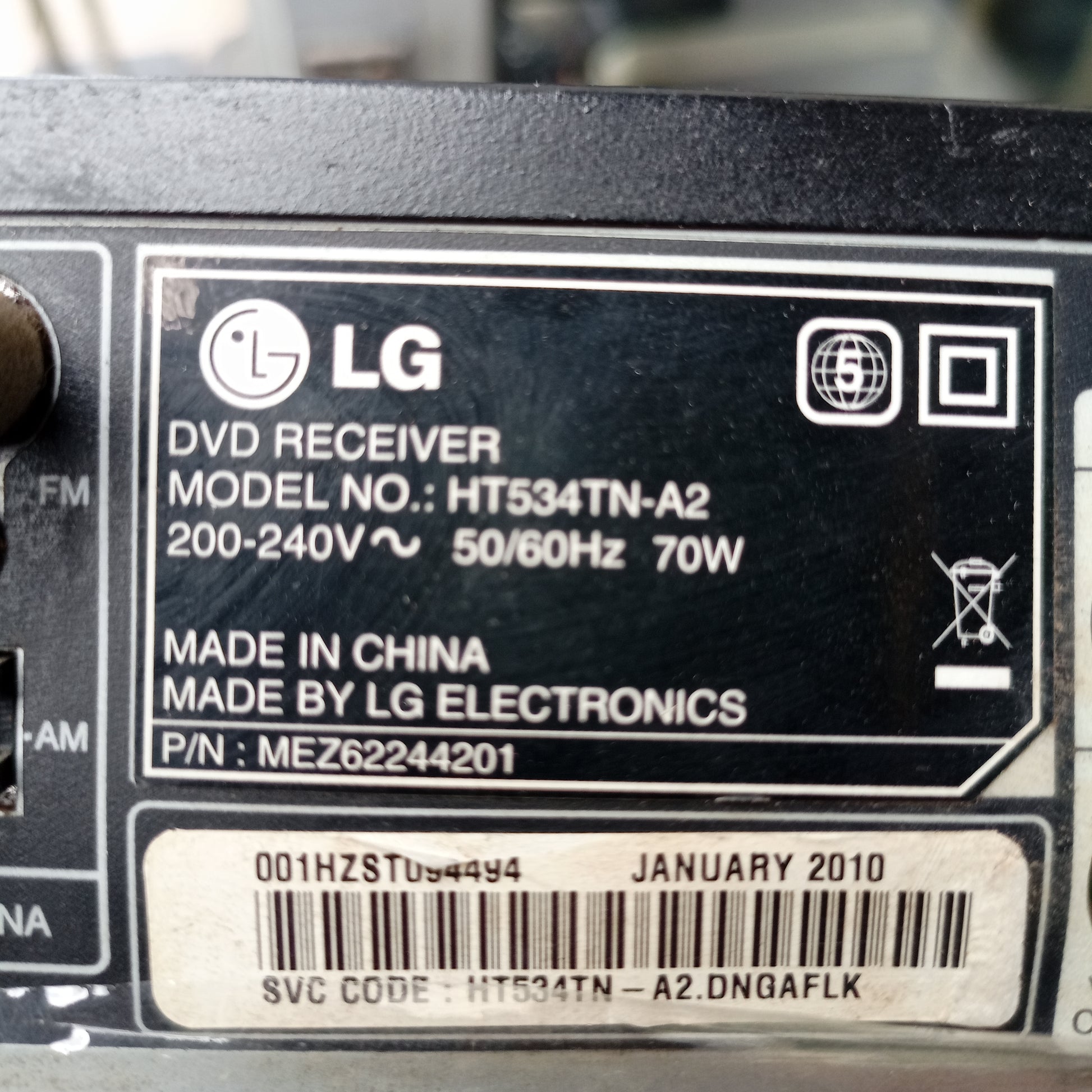 LG HT534TN-A2 1000 Watts DVD Home Theater Machine Head - Model number sticker