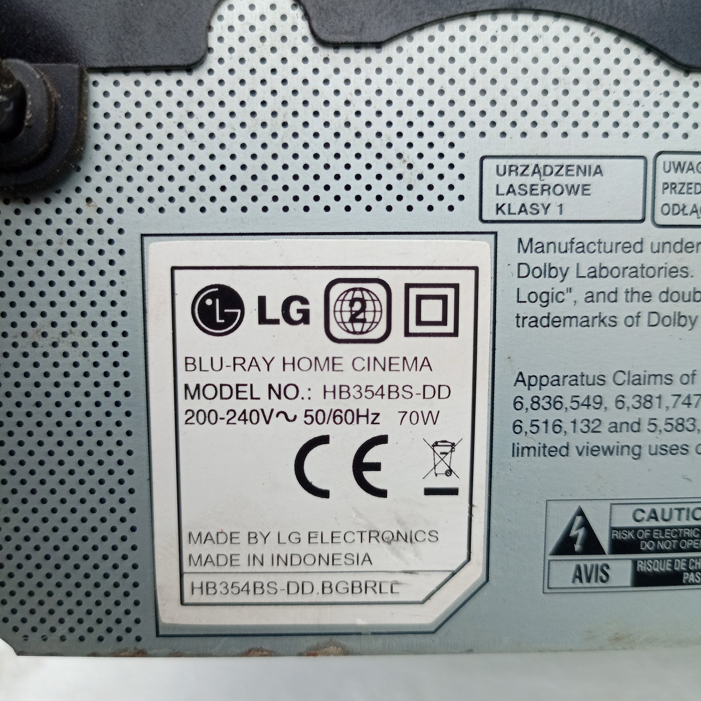 LG HB354BS 2.1Ch 300Watts Blu-ray Home Theater Machine Head - Model number sticker