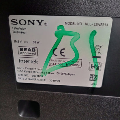 Sony BRAVIA 32 Inch KDL-WE613 HDR Smart Full HD LED TV (DC-19.5V) - Model number sticker