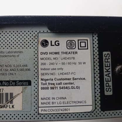 LG LHD457B 5.1Ch 330Watts Bluetooth DVD Home Th eater Machine Head - Model sticker