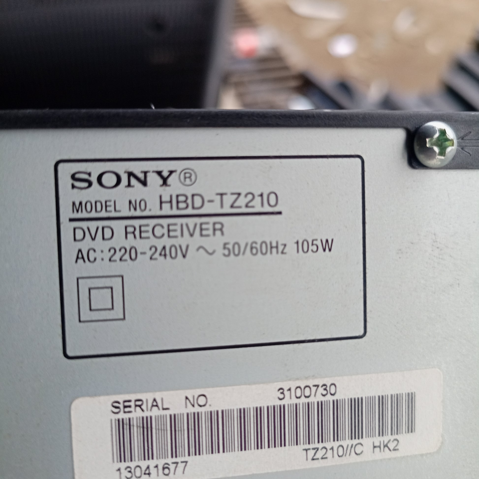 Sony HBD-TZ210 5.1Ch 600 Watts DVD Home Theater Machine Head - Model number sticker