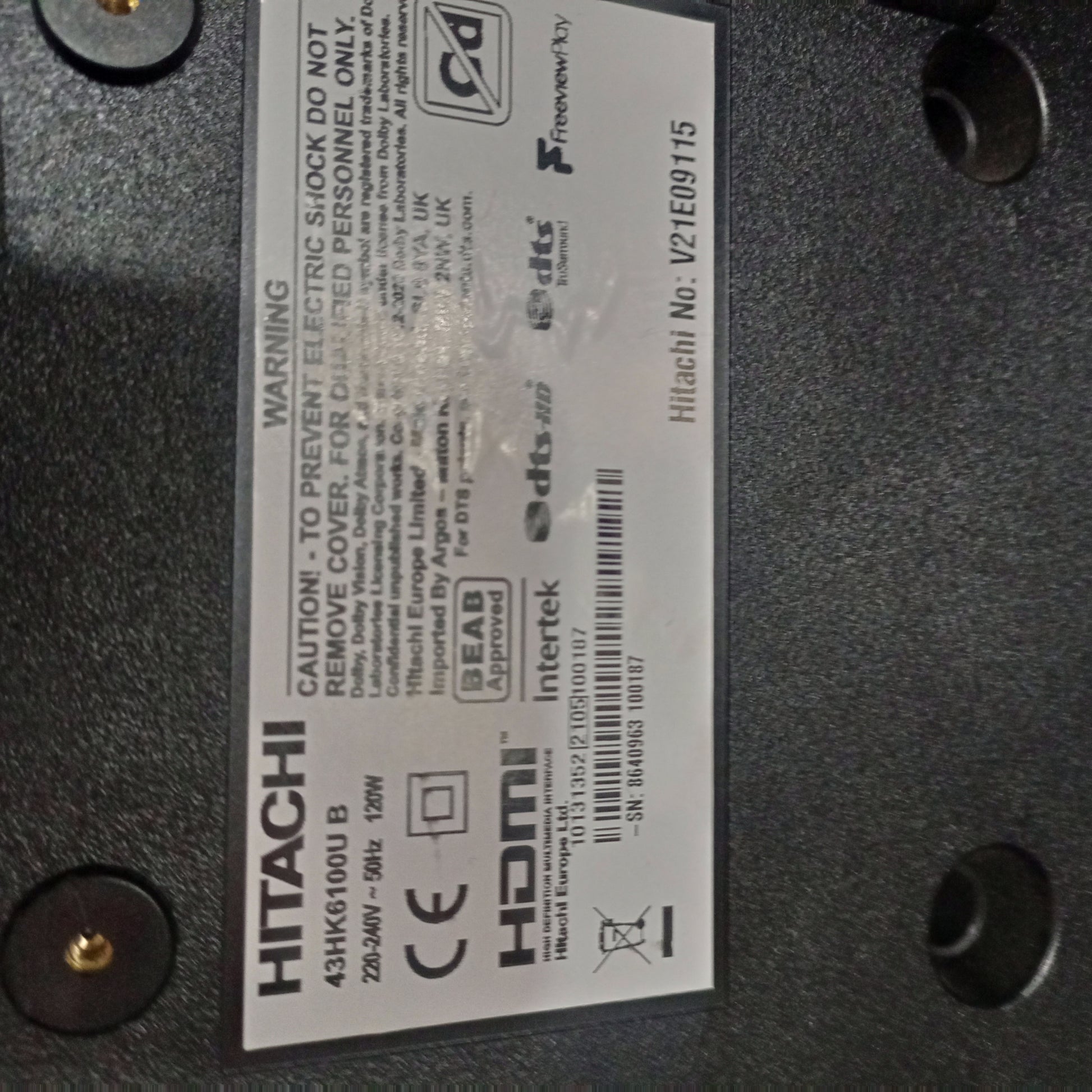Hitachi 43 Inch Smart 4K UHD LED TV - Model Sticker