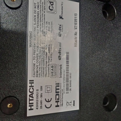 Hitachi 43 Inch Smart 4K UHD LED TV - Model Sticker