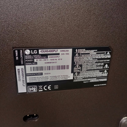 LG 43 Inch 43UK6400PLF IPS 4K UHD Active HDR Smart TV - Model number sticker
