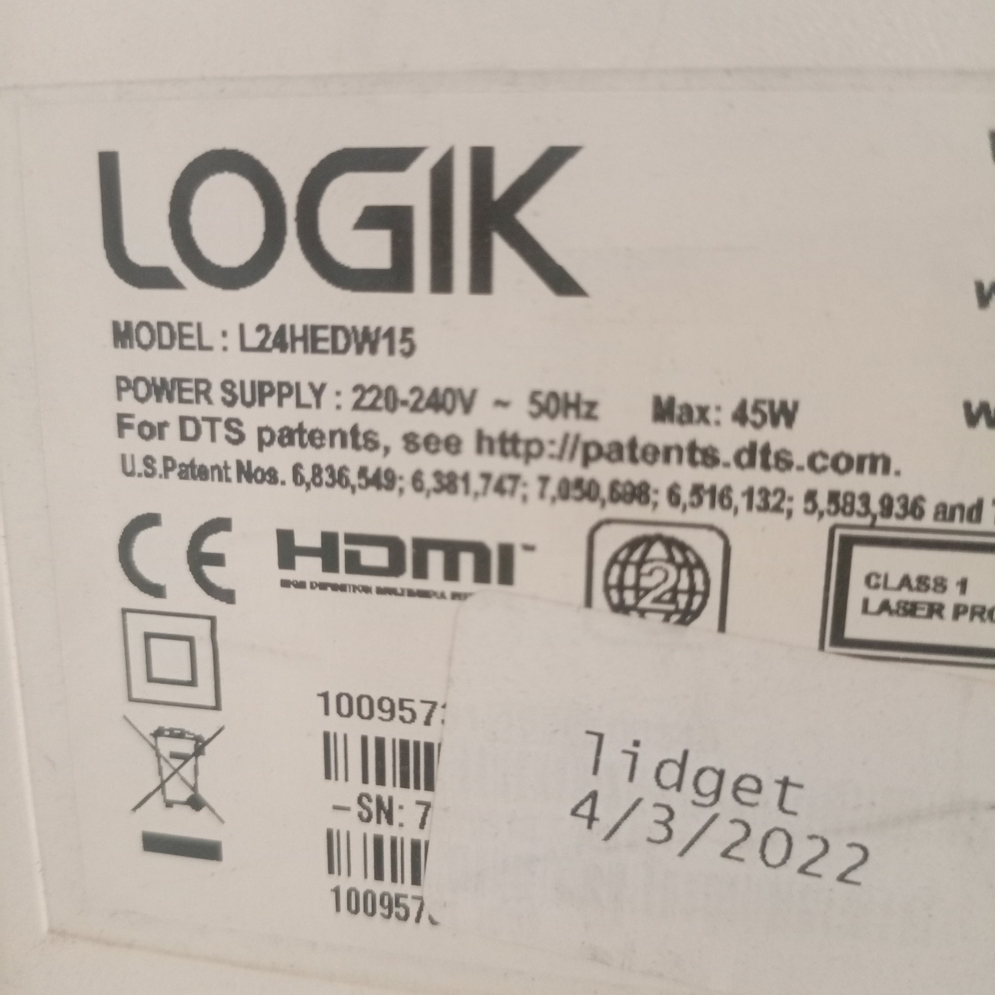 Logik 24 Inch L24HEDW15 FHD LED TV (White) - Model number sticker