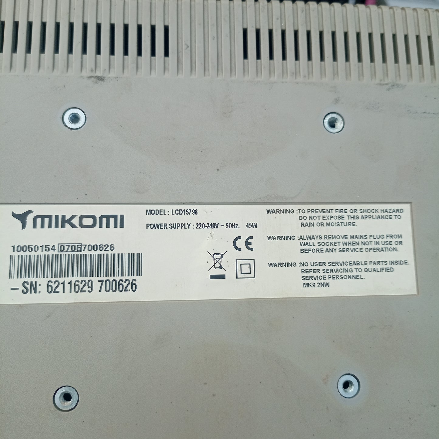 MIKOMI 15 Inch LCD15796 HD Ready LCD TV - Model number sticker
