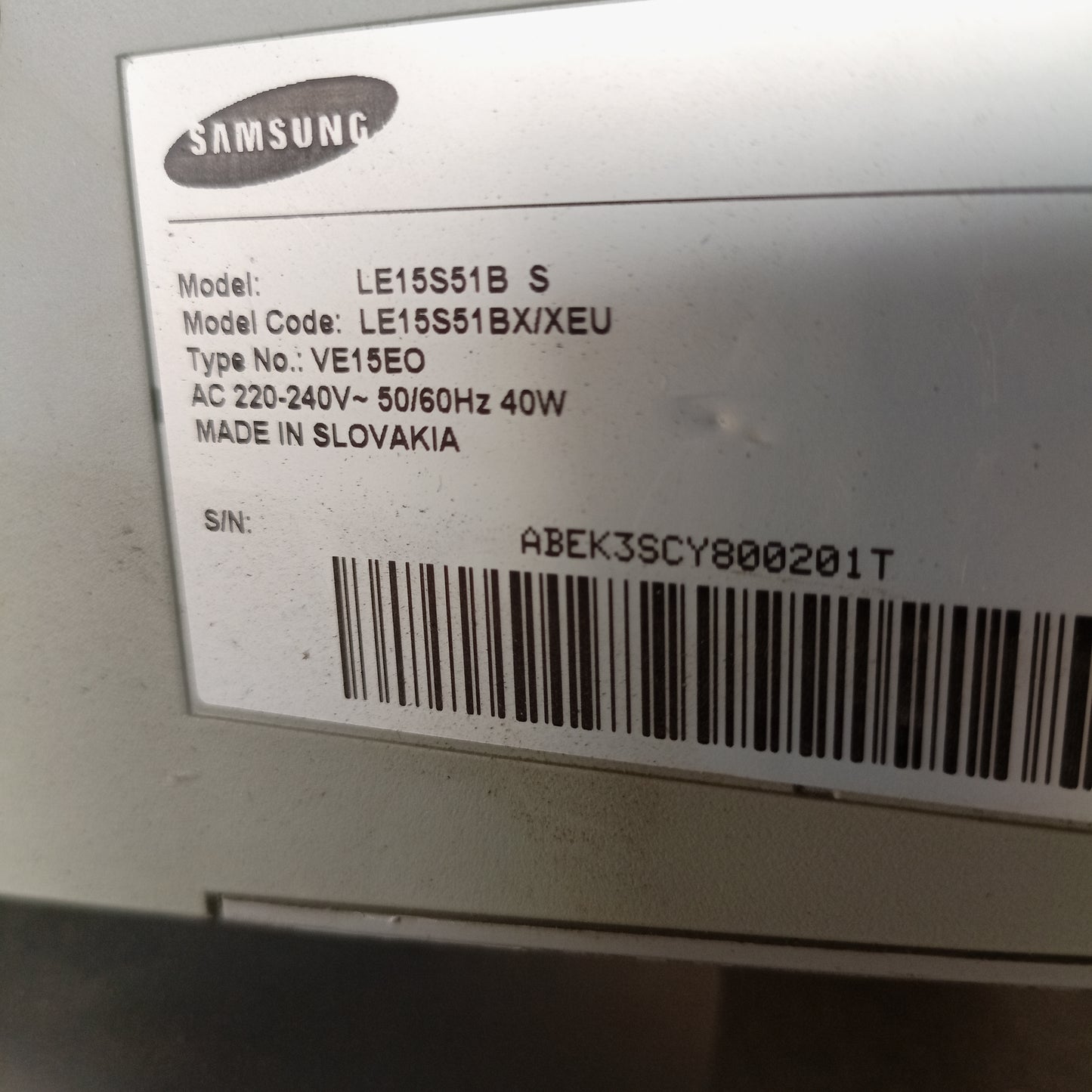 SAMSUNG 15 Inch LE15S51B LCD TV - Model number sticker