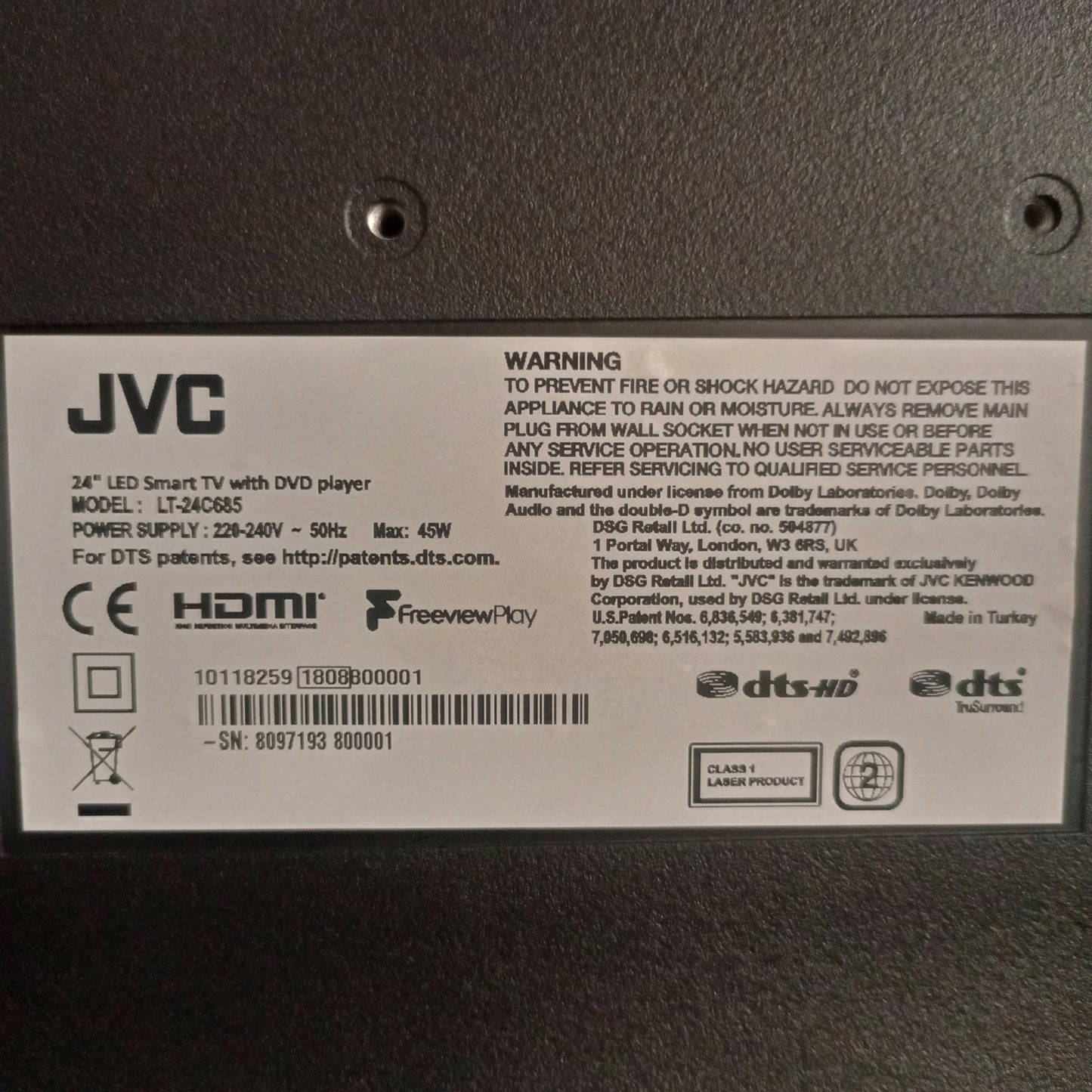 JVC 24 inch LT-24C685 Smart Full HD LED TV (DVD Combo) + Built-in WiFi - Model number View