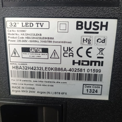 BUSH 32 Inch HA32H4232LEKB Android Bluetooth Smart Full HD LED TV + Play Store - Model number sticker