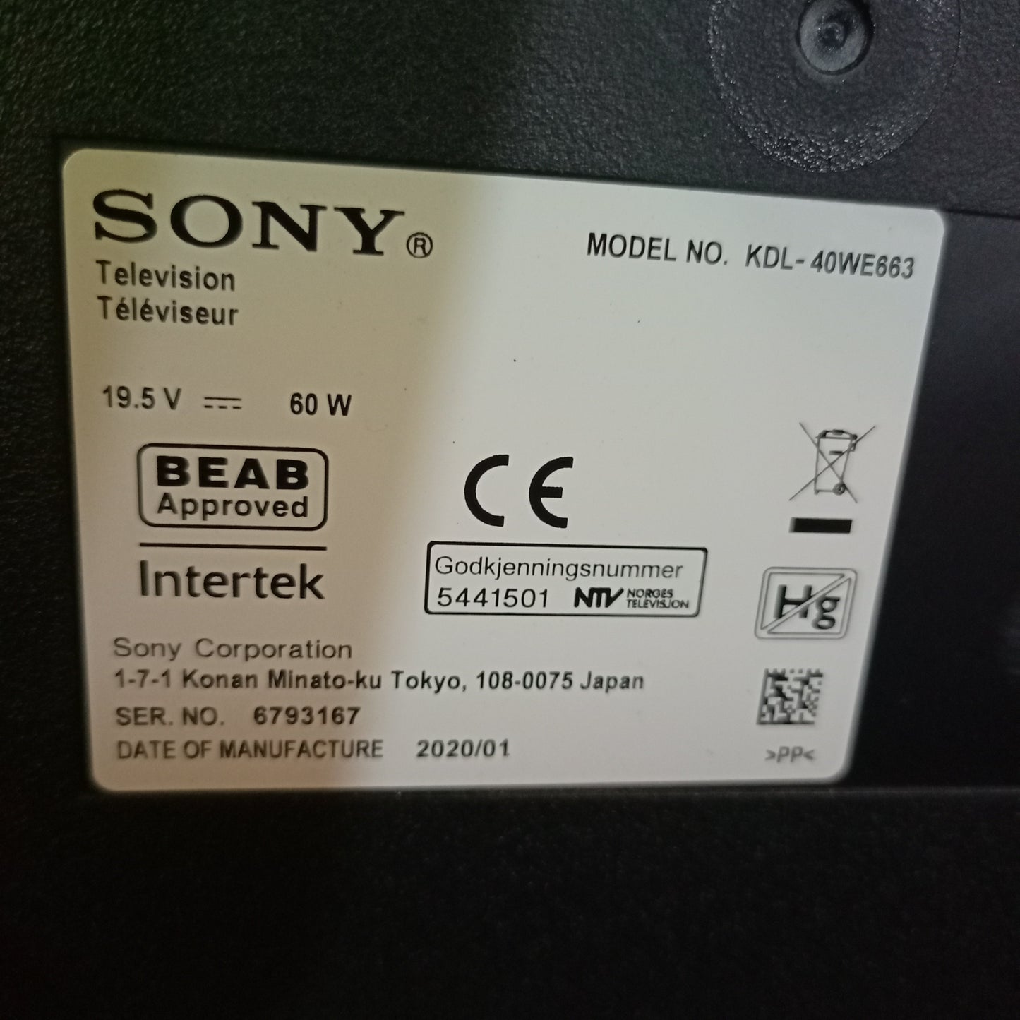Sony BRAVIA 40 Inch KD-40WE663 Smart Full HD LED TV + Netflix, YouTube - Model number sticker