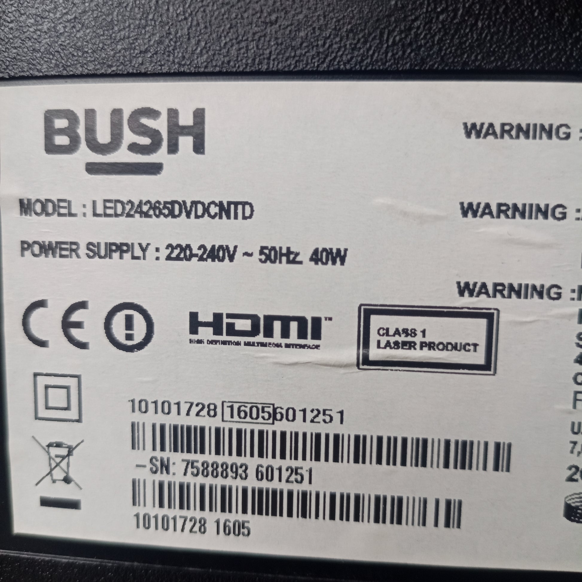BUSH 24 Inch LED24265DVDCNTD Smart Full HD LED TV (DVD Combo) + Screen Mirroring, Netflix & YouTube - Model number sticker