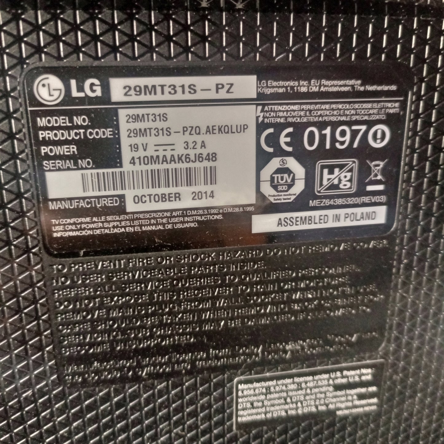 LG 29 Inch 29MT31S Smart Full HD Satellite (Triple Tuner) LED Internet TV - model number sticker
