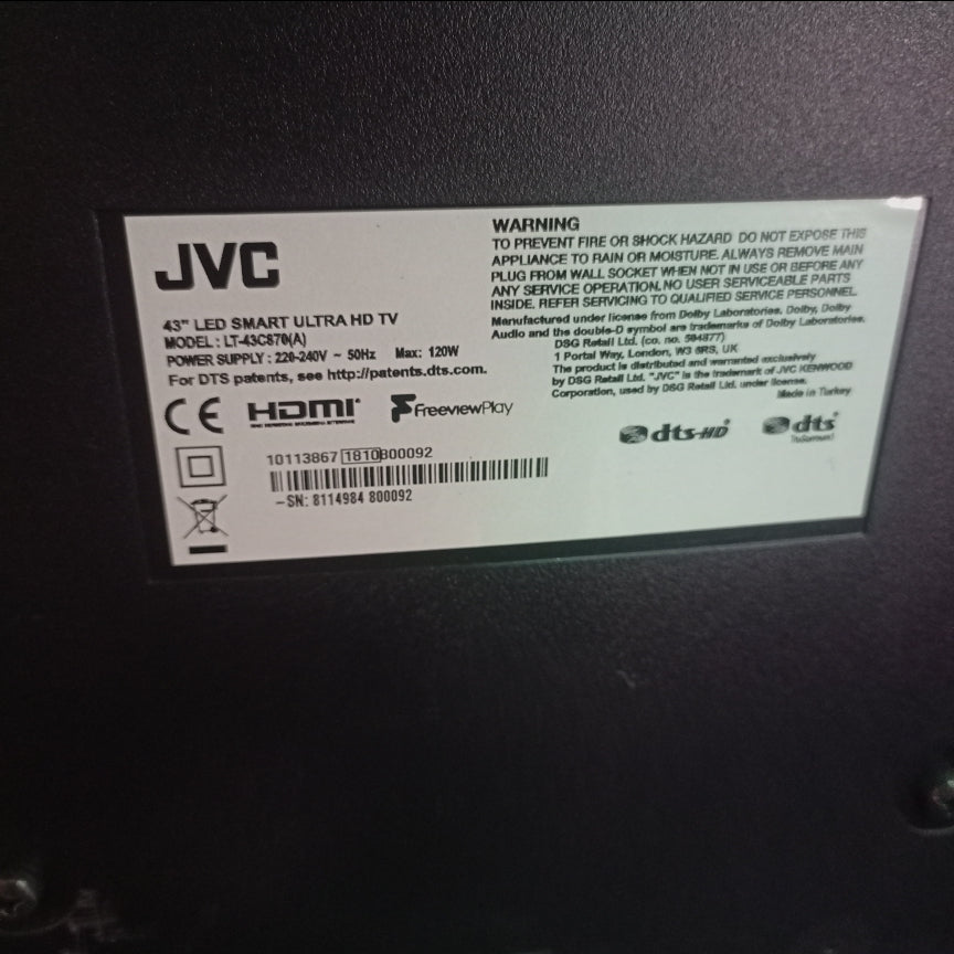 JVC 43 Inch LT-43C870 WiFi Smart 4K Ultra HD LED TV (Netflix, Youtube) - Back model number sticker view