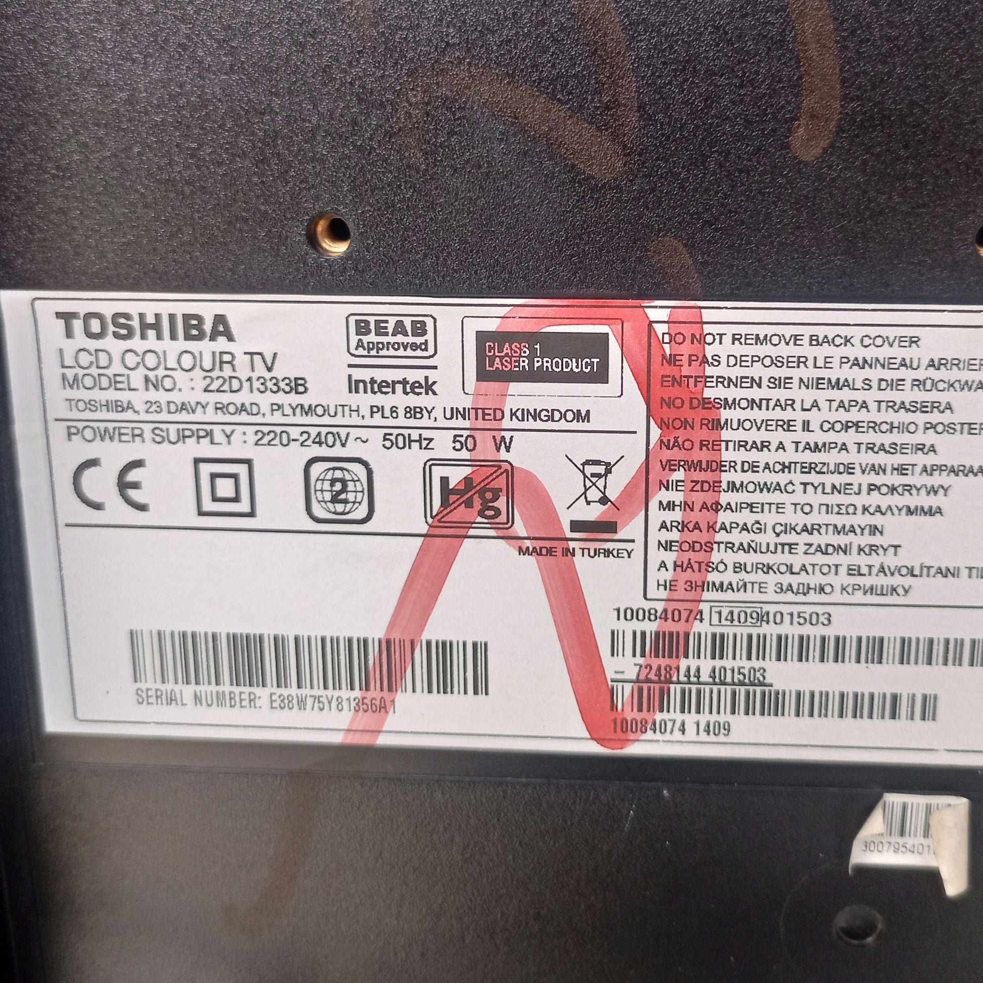 TOSHIBA 22 Inch 22D1333B HD Ready LED TV - Model Number Sticker